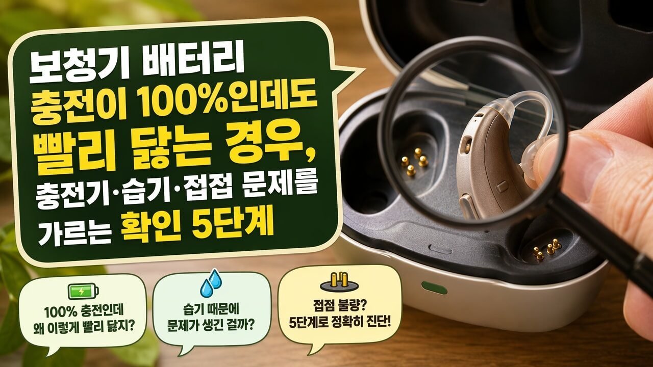 보청기 배터리 충전이 100%인데도 빨리 닳는 경우, 충전기·습기·접점 문제를 가르는 확인 5단계